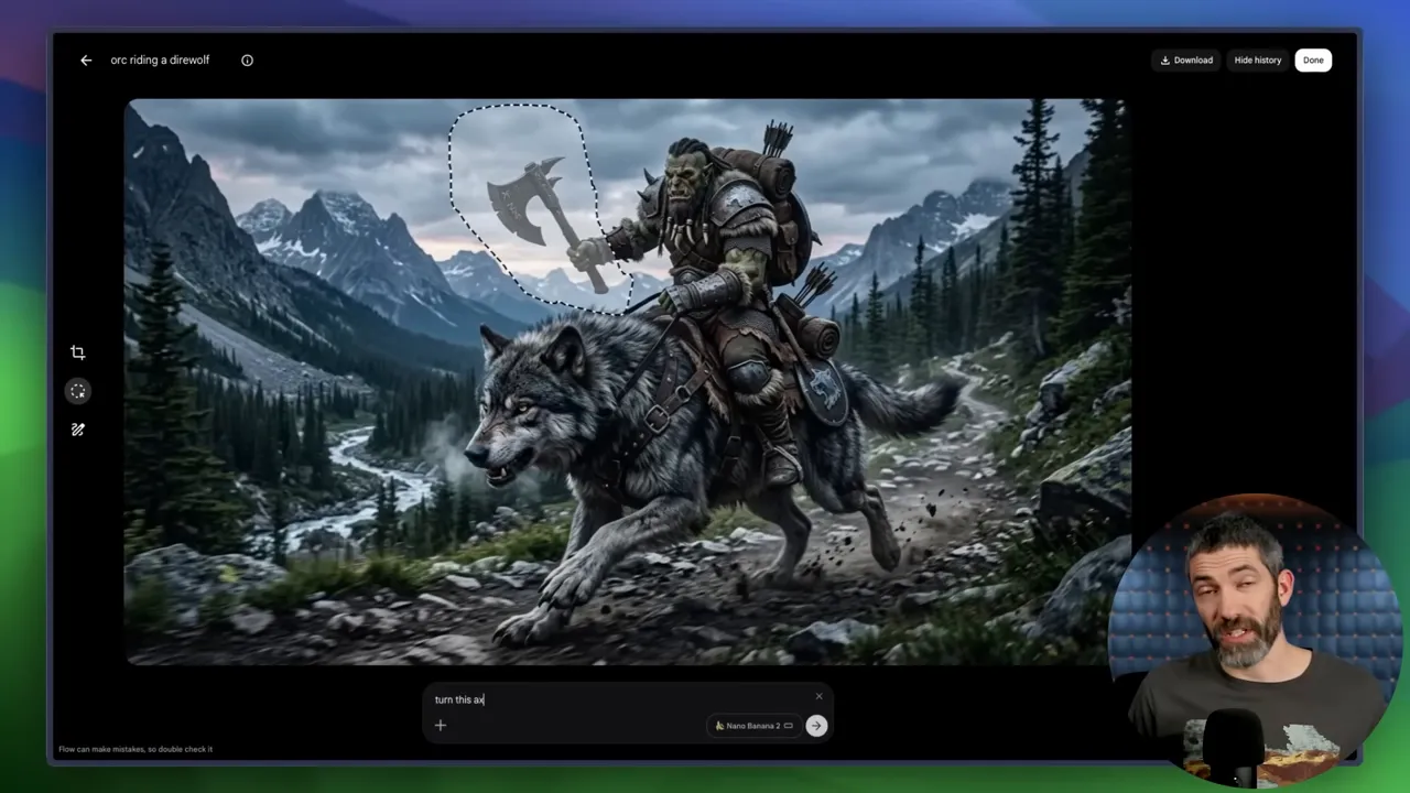 อินเทอร์เฟซ Flow แสดงการเลือกบริเวณบนภาพ 'orc riding a direwolf' พร้อมกล่องข้อความด้านล่างให้พิมพ์คำสั่งแก้ไข