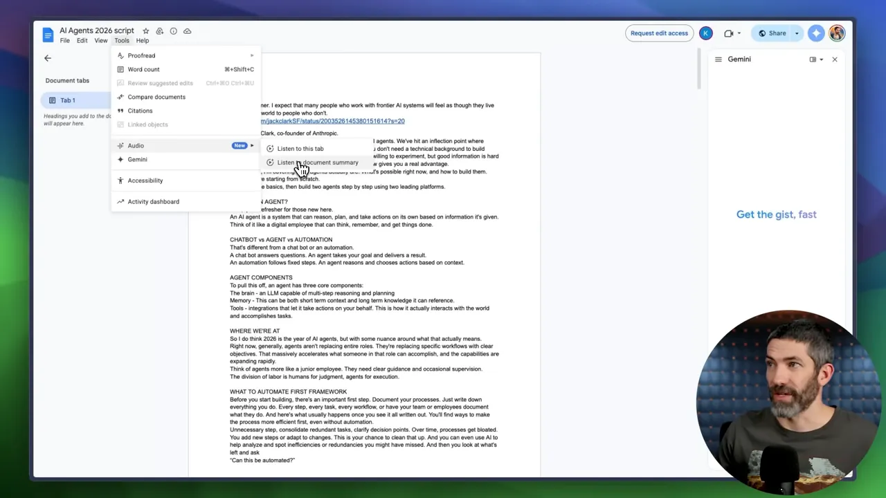 เมนู Audio ใน Google Docs ขยายแสดงตัวเลือก 'Listen to this tab' และ 'Listen document summary' พร้อมเคอร์เซอร์ชี้
