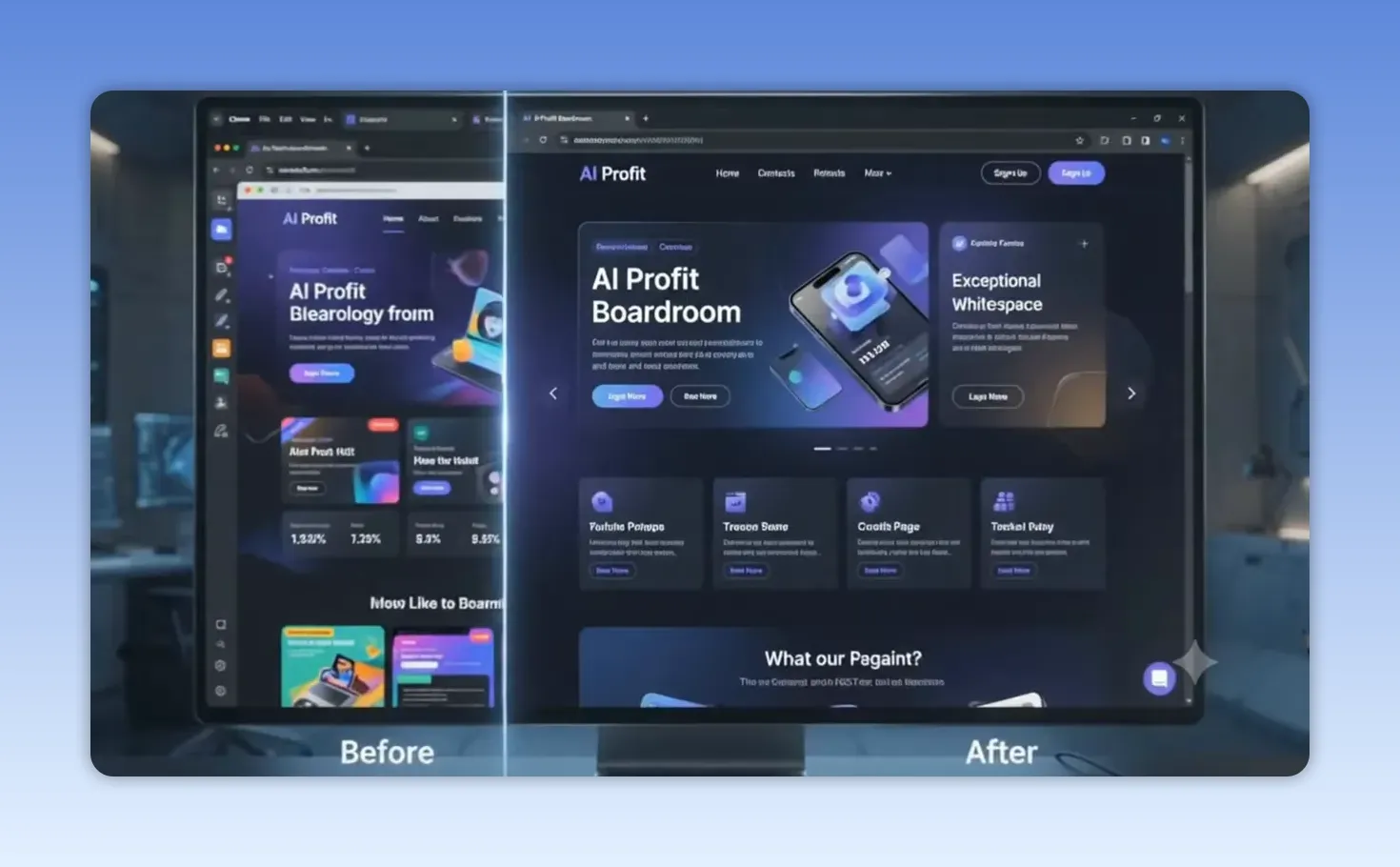 ภาพประกอบ Before/After ของหน้า AI Profit Boardroom ที่ปรากฏในคลิป มีข้อความ UI บางส่วนอ่านไม่เป็นคำ จึงไม่ใช่หลักฐานการทดสอบ usability หรือ conversion