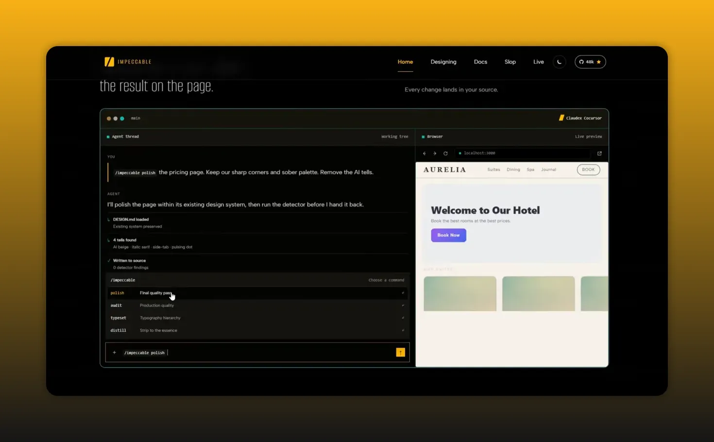 ภาพสาธิตคำสั่ง /impeccable polish และผล detector ใน agent thread ข้าง preview หน้าโรงแรม ภาพนี้ไม่ได้แสดงตัวเลือก Live Mode สามแบบ