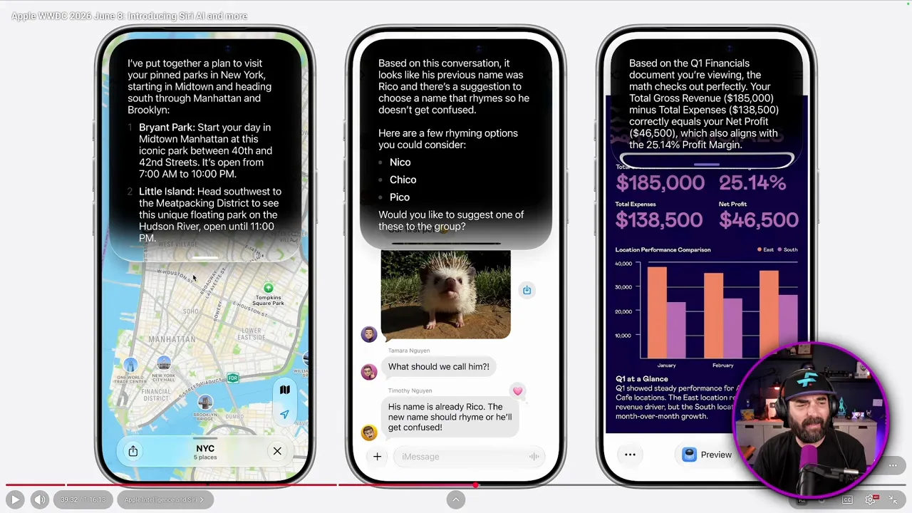 หน้าจอไอโฟนหลายเครื่องแสดงตัวอย่างข้อความ แผนที่ และกราฟสำหรับผู้ช่วย Siri