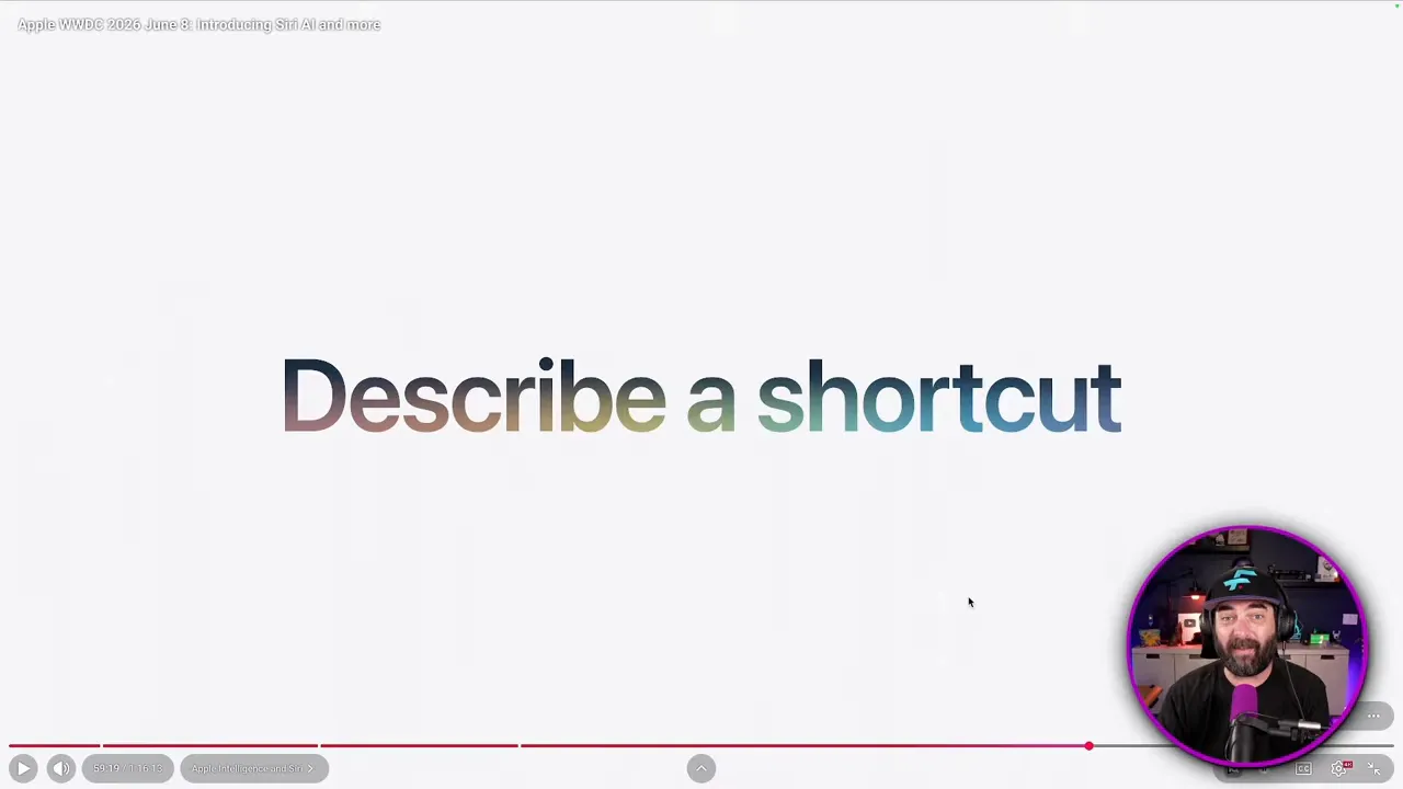 สไลด์หัวข้อ Describe a shortcut จากการนำเสนอ Apple ที่แสดงในคลิป