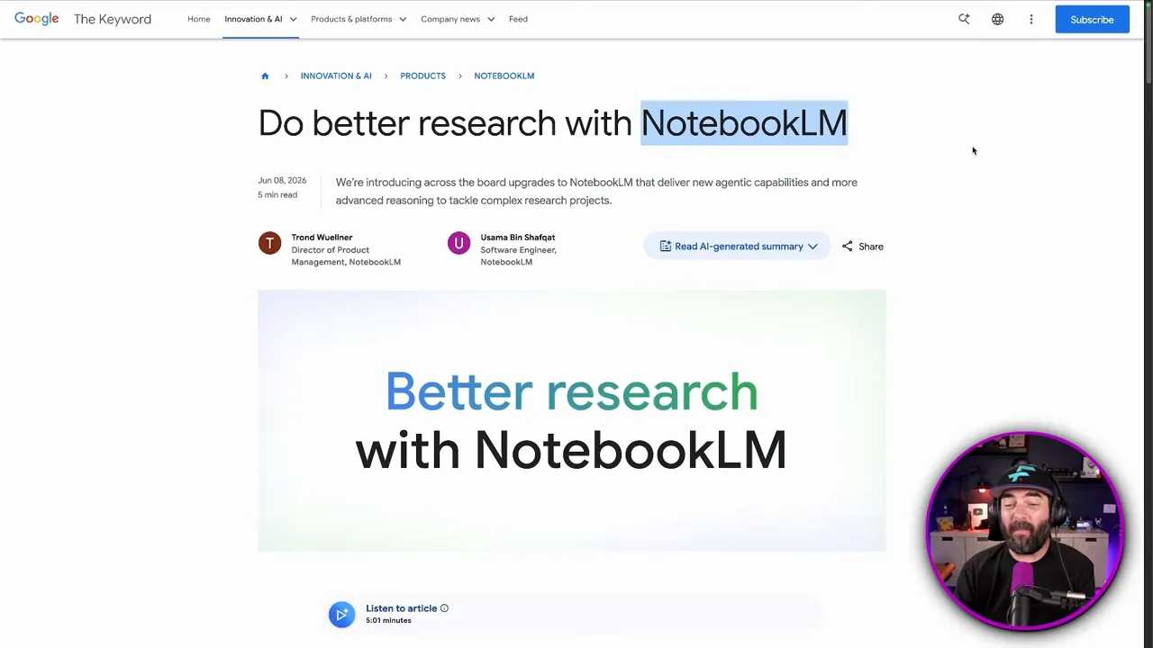 หน้าเว็บหัวข้อ Better research with NotebookLM พร้อมเนื้อหาอธิบายฟีเจอร์