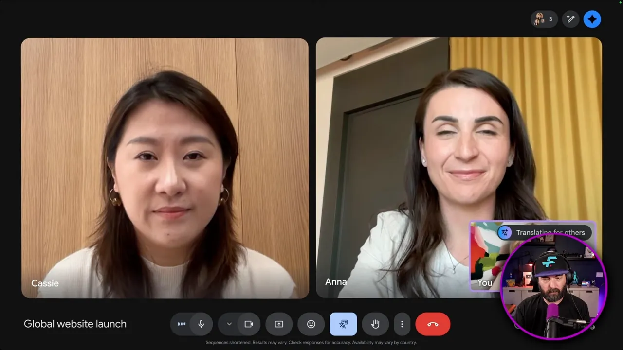 หน้าจอวิดีโอคอลสองคนใน Google Meet สำหรับการแปลสด