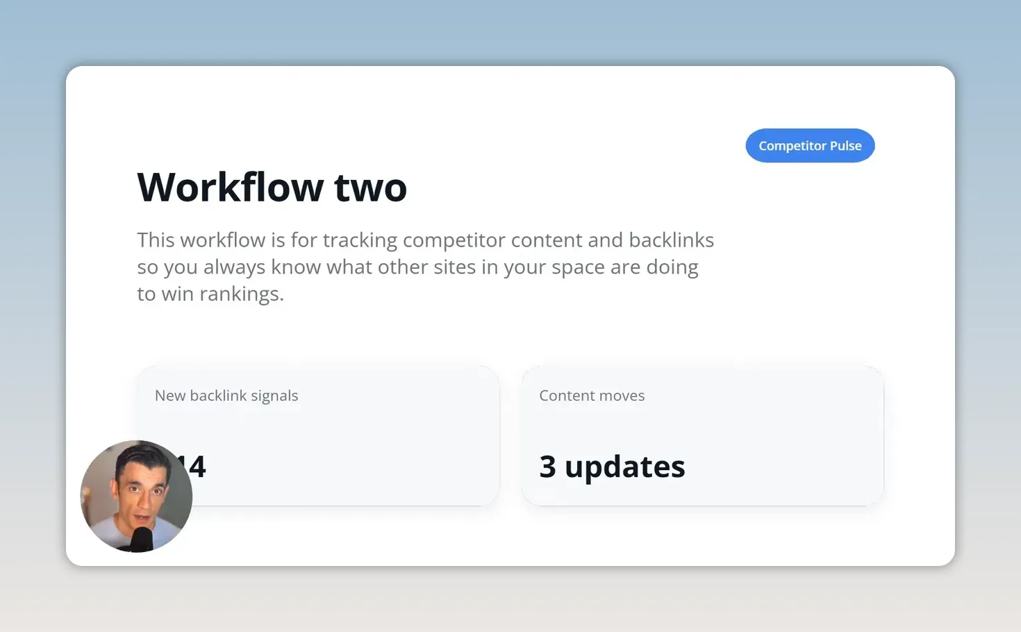 สไลด์ Workflow two พร้อมข้อความเกี่ยวกับการติดตาม competitor content และ backlinks