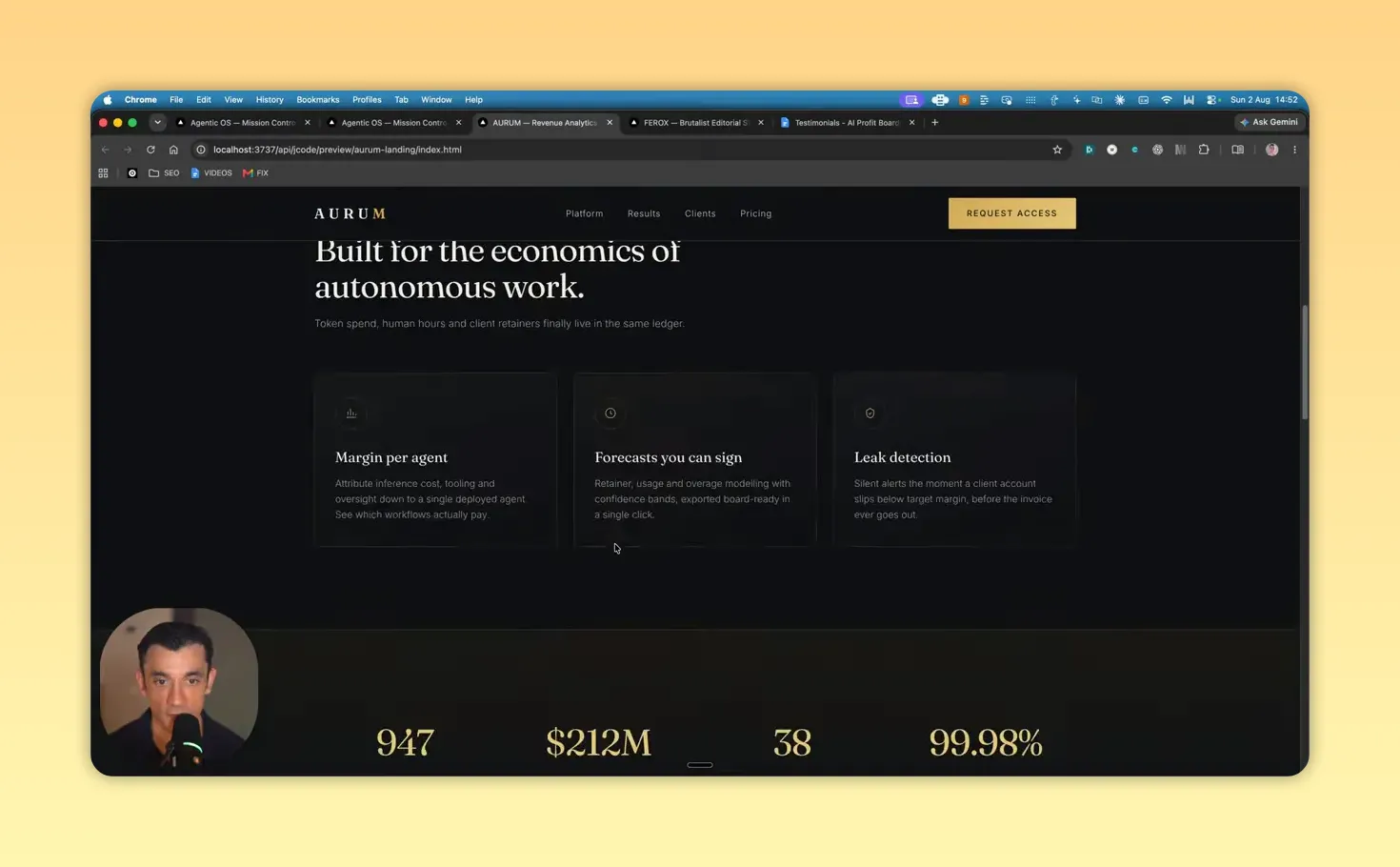 หน้าเว็บเดโม Aurum สีดำและทองพร้อมหัวข้อ Built for the economics of autonomous work