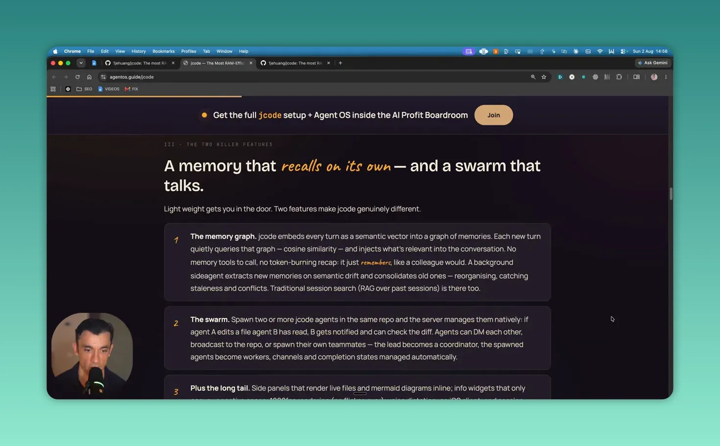 หน้าข้อมูล JCode อธิบาย memory ที่เรียกคืนเองและ swarm ที่ทำงานร่วมกัน