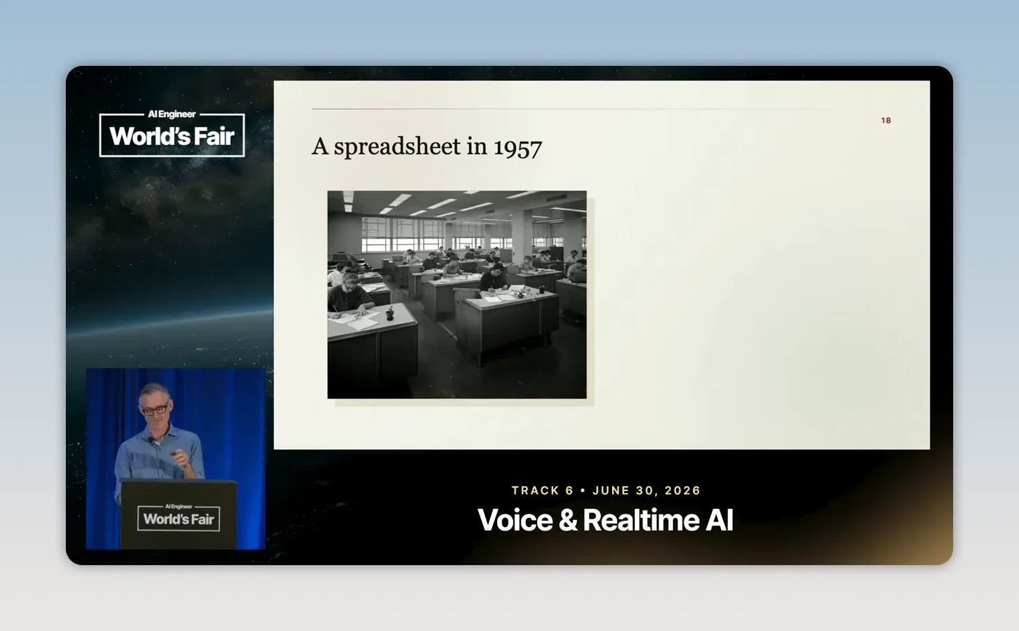 สไลด์ A spreadsheet in 1957 แสดงพนักงานทำงานเอกสารในสำนักงาน พร้อมภาพผู้บรรยายบนเวที AI Engineer