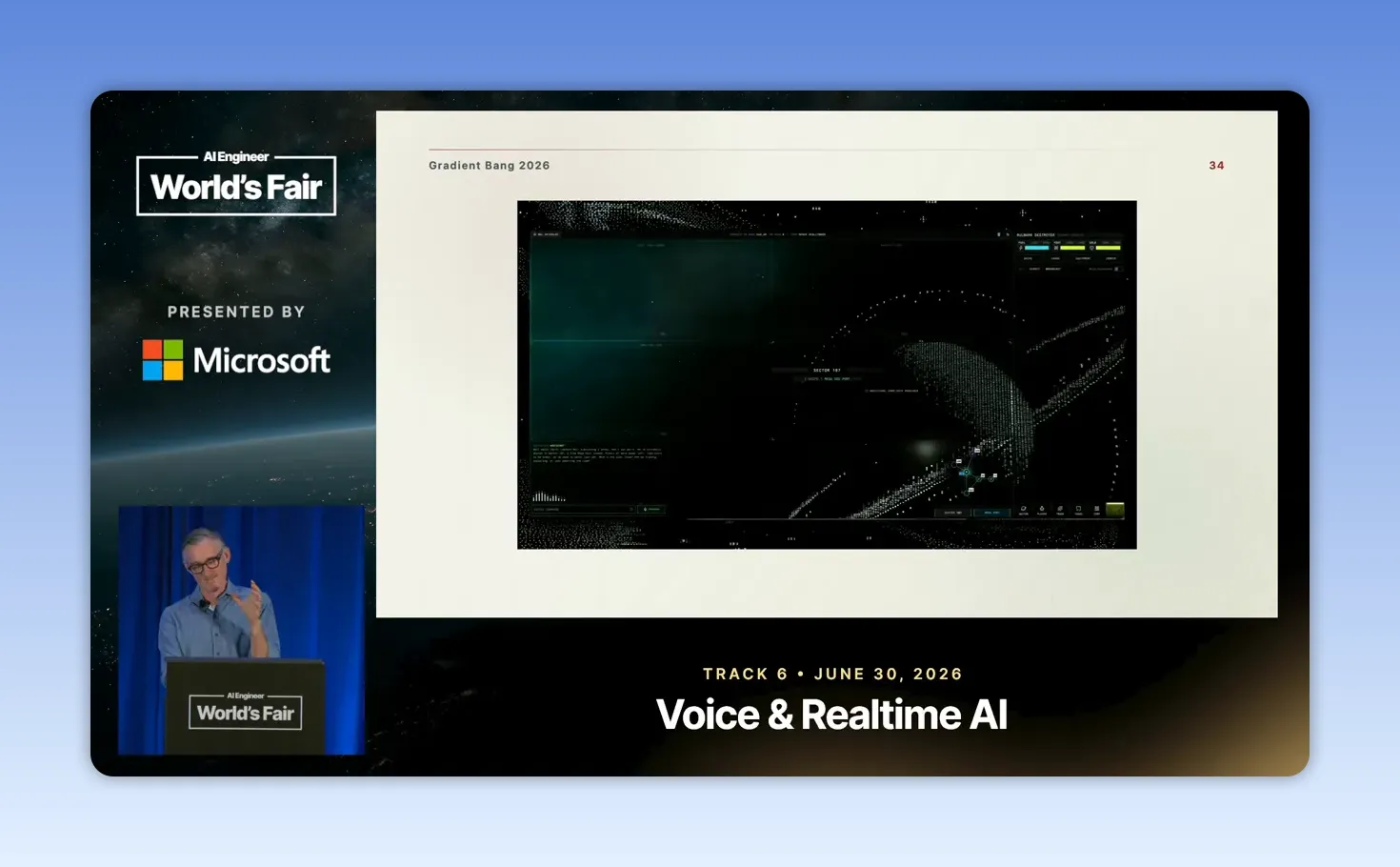 สไลด์ Gradient Bang 2026 แสดงหน้าจอเกมและภาพผู้บรรยายบนเวที AI Engineer