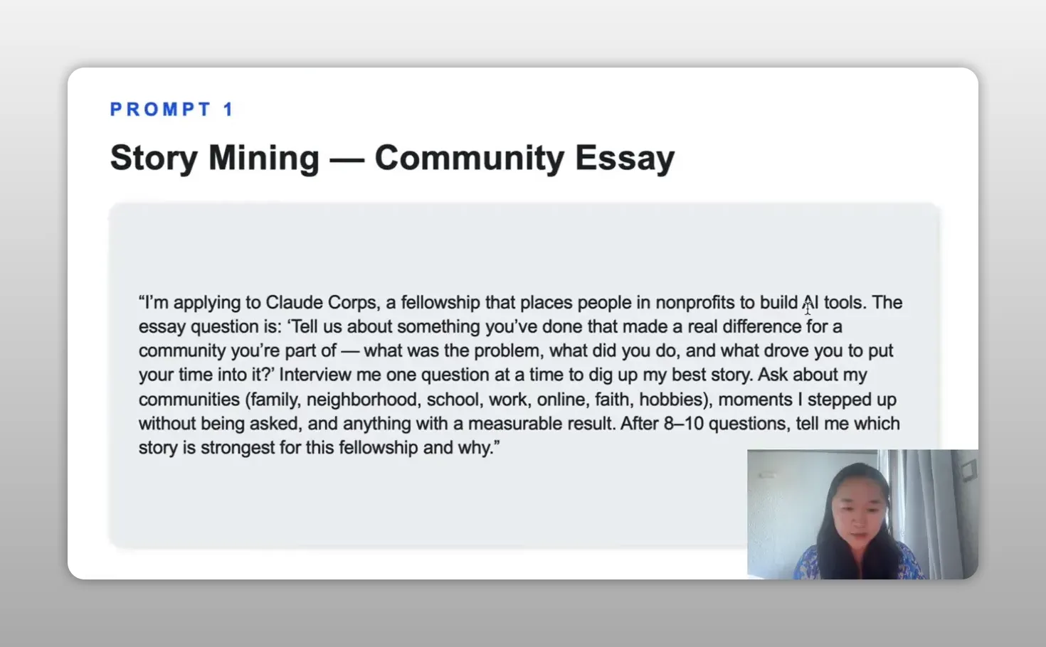 สไลด์หัวข้อ story mining community essay พร้อมข้อความ prompt ยาว