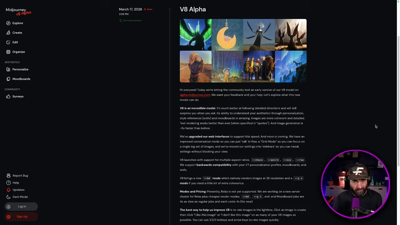 หน้าจอประกาศ Midjourney V8 Alpha พร้อมตัวอย่างภาพและข้อความรายละเอียด