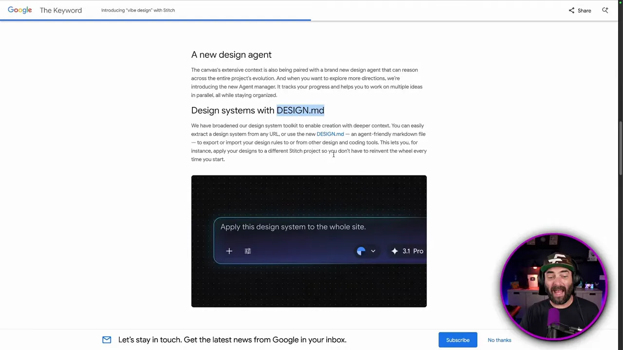 หน้าจอ Google Stitch อธิบาย design agent และการใช้ design.md สำหรับการรักษา design system
