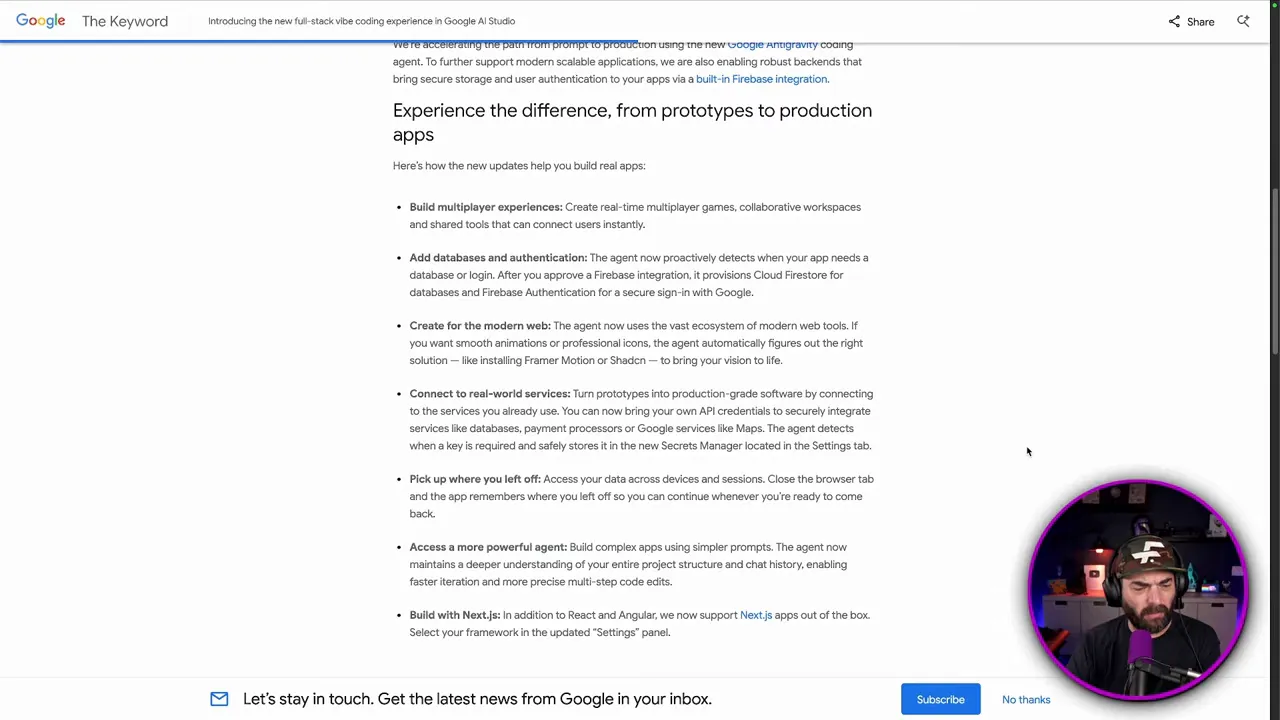 หน้าจอ Google AI Studio: ตัวอย่างการสร้างแอปจากไอเดียไปสู่การใช้งานจริงพร้อมฟีเจอร์ฐานข้อมูลและการยืนยันตัวตน
