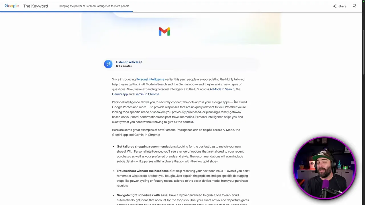 หน้าบทความ Google The Keyword ที่อธิบาย Personal Intelligence พร้อมรายการตัวอย่างการใช้งาน