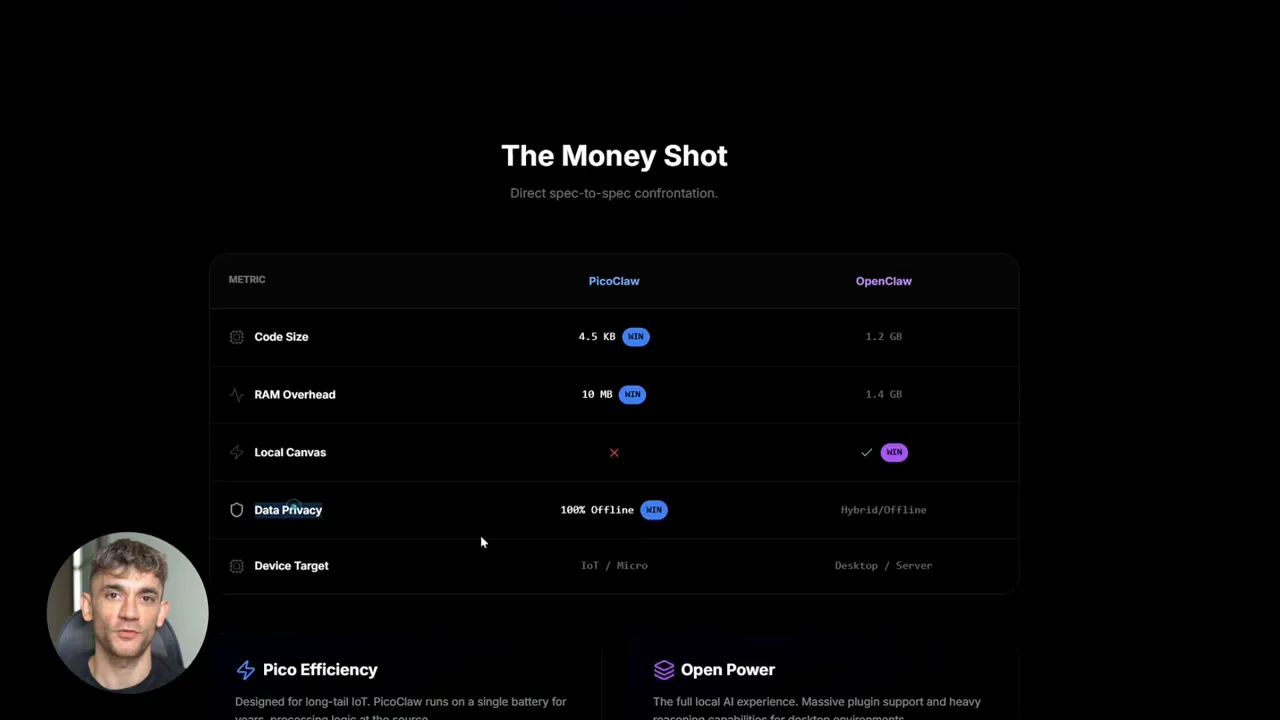 Clear shot of 'The Money Shot' comparison table between PicoClaw and OpenClaw with presenter overlay in corner