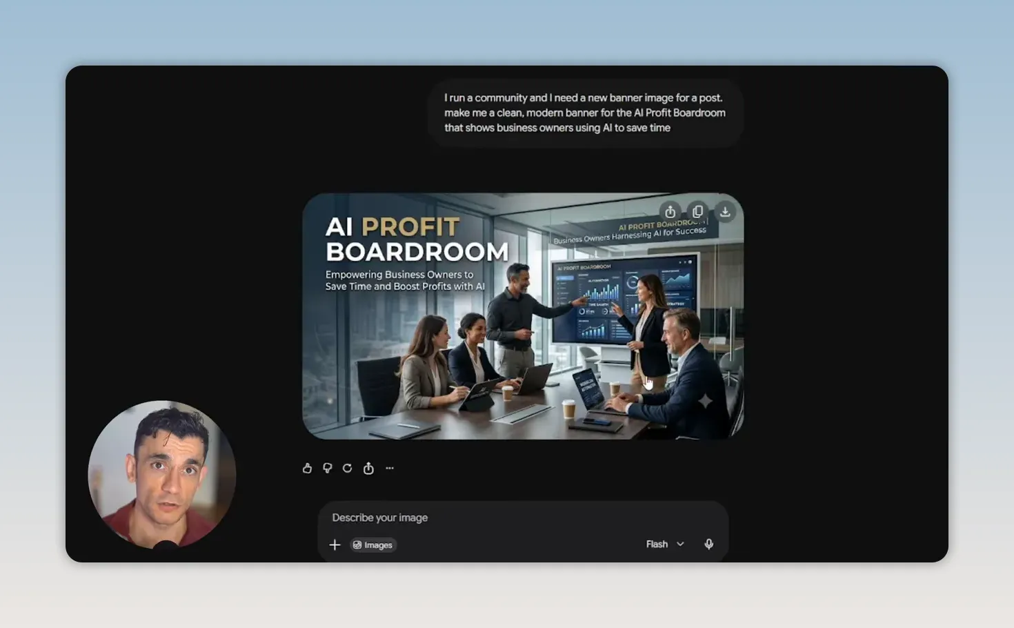 หน้าจอผลลัพธ์ภาพแบนเนอร์คำว่า AI PROFIT BOARDROOM พร้อมภาพคนประชุมในห้อง