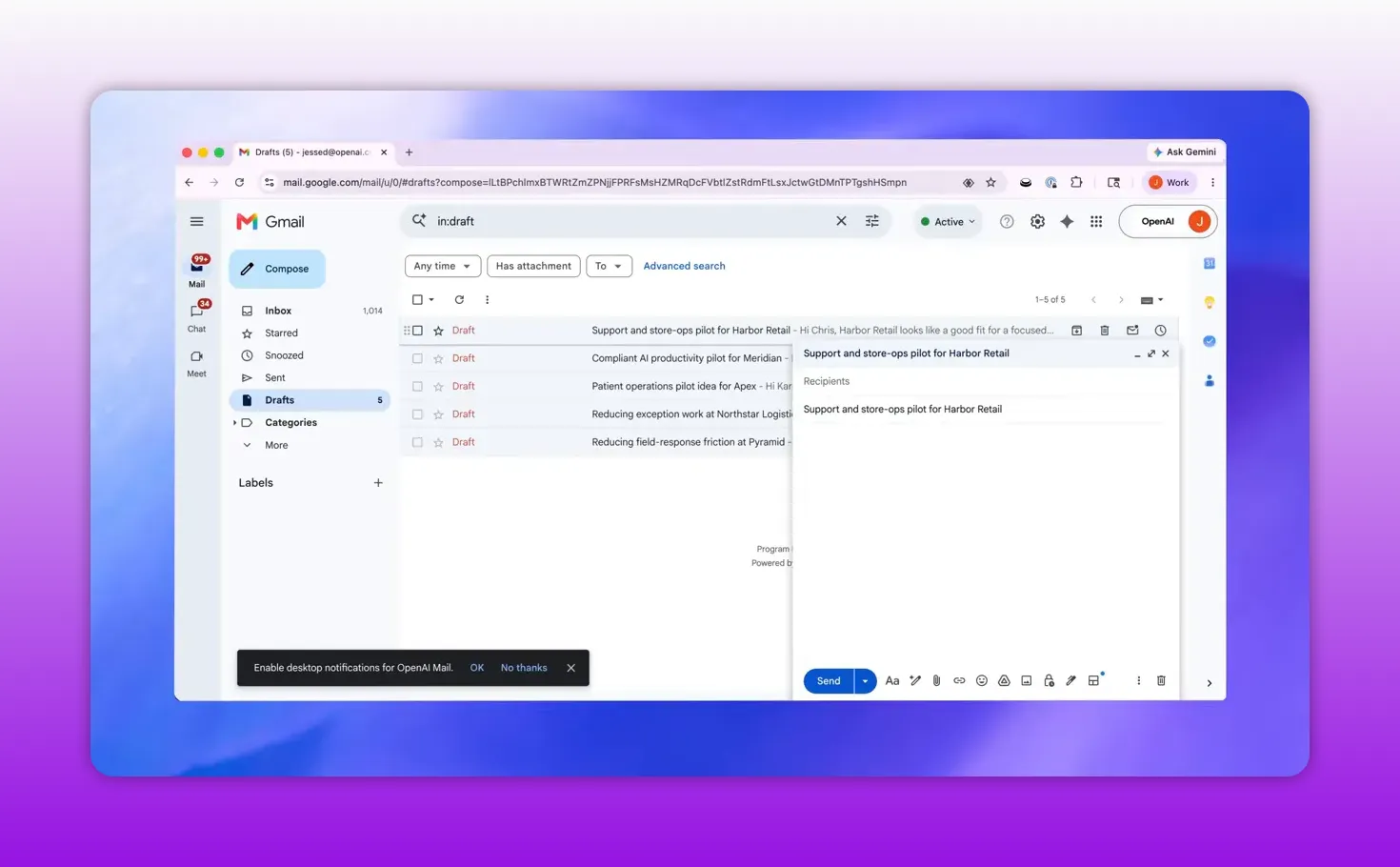 หน้าจอ Gmail พร้อมอีเมลร่างที่สร้างขึ้นอัตโนมัติในหน้าต่างเขียนข้อความ