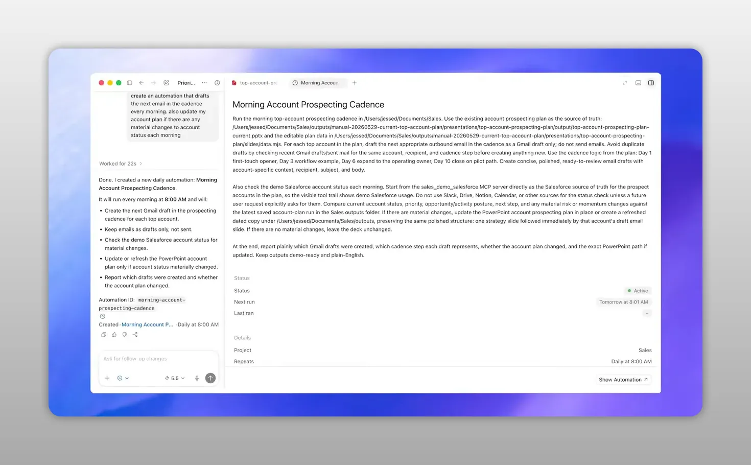 หน้าจอเอกสารหัวข้อ Morning Account Prospecting Cadence พร้อมรายละเอียด automation