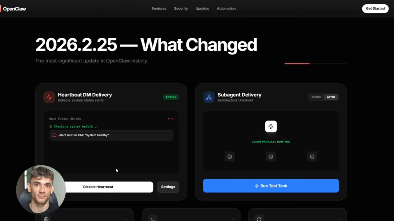 ภาพหน้าจอ OpenClaw ที่โชว์หัวข้ออัพเดต 2026.2.25 พร้อมกรอบ Heartbeat DM และ Subagent Delivery