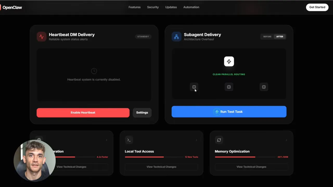 ภาพหน้าจอ OpenClaw เน้นปุ่ม Enable Heartbeat ทางซ้ายและ Run Test Task ทางขวา แสดงภาพรวมการตั้งค่าฟีเจอร์