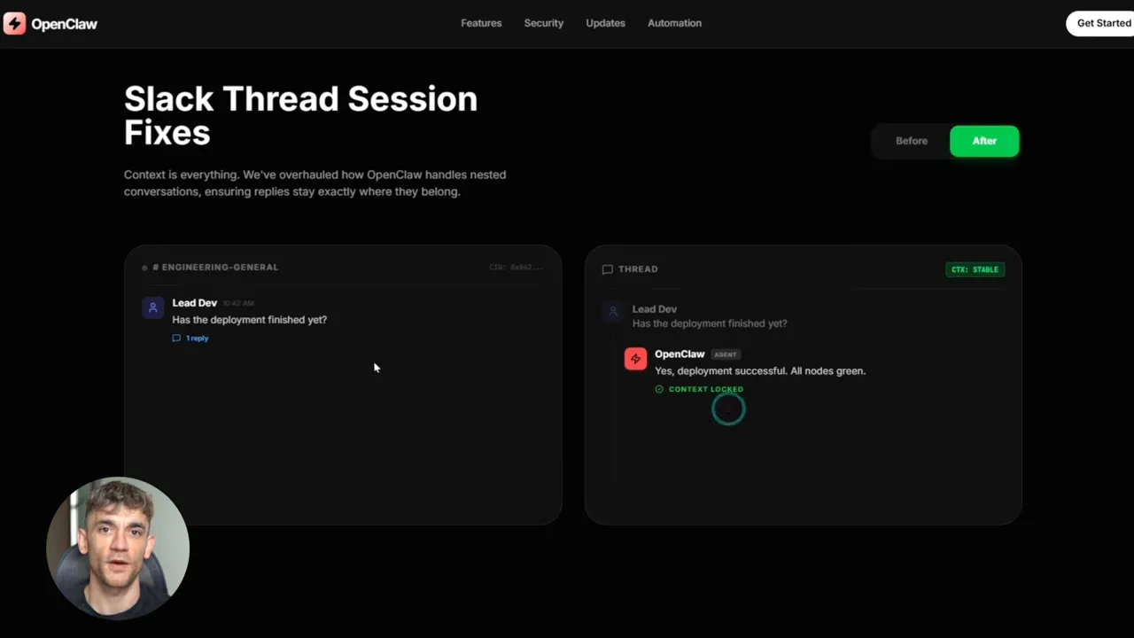 OpenClaw screenshot showing the 'After' state with OpenClaw reply in thread and 'CONTEXT LOCKED' indicator