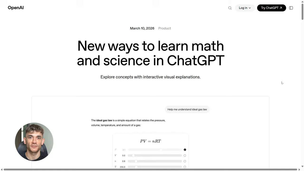 หน้าเว็บแสดงหัวข้อ 'New ways to learn math and science in ChatGPT' พร้อมตัวอย่างโมดูล PV = nRT และสไลเดอร์
