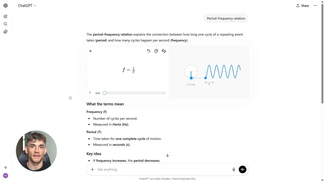 Clear screenshot of ChatGPT interactive visual with slider, f = 1/T equation and a high-frequency waveform