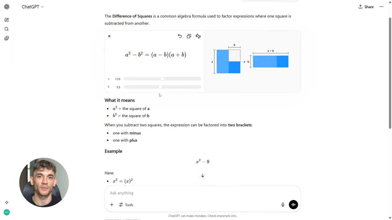 สกรีนช็อตชัดเจนของโมดูลอินเทอร์แอคทีฟที่แสดง a² - b² = (a - b)(a + b) พร้อมสไลเดอร์และภาพประกอบทางขวา