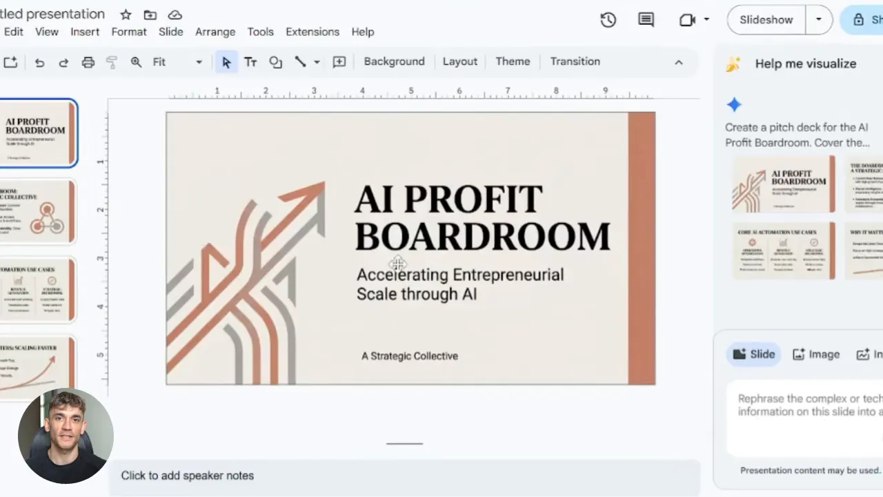 Google Slides แสดงสไลด์พิตช์เด็ค AI PROFIT BOARDROOM ที่มีหัวข้อและข้อความหลักพร้อมรูปแบบธีม