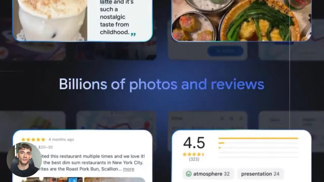 Google Maps แสดงหน้าจอรีวิวและรูปภาพจำนวนมากพร้อมคะแนนและข้อมูลประกอบ