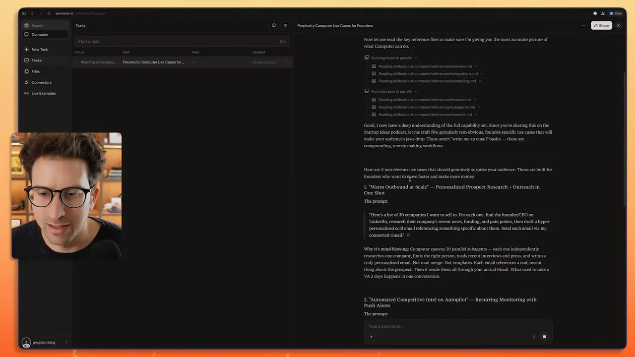 Clear Perplexity Computer interface showing task list and briefing text with minimal presenter overlay