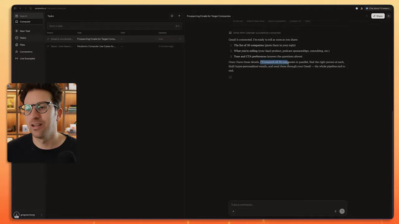 Perplexity UI with highlighted instruction 'I'll research all 30 companies' and presenter overlay