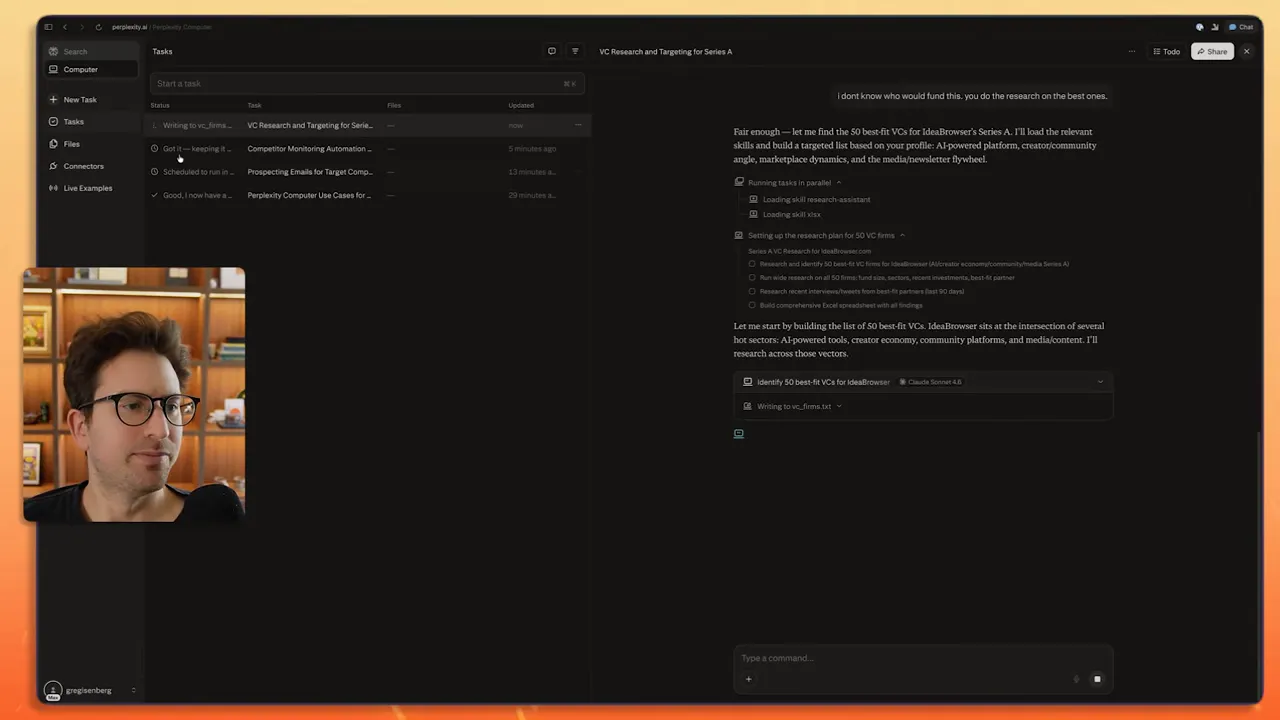 Perplexity UI showing VC Research and Targeting task and agent writing vc_firms.txt with presenter overlay