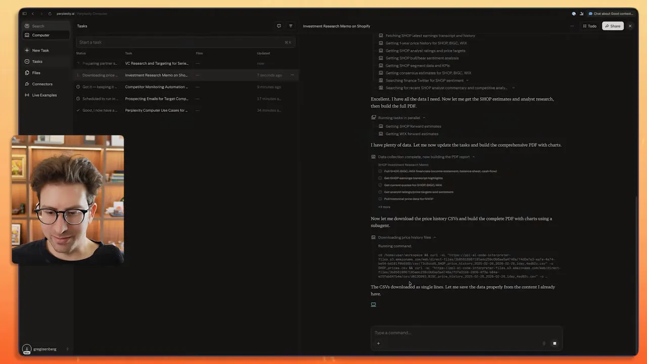 Clear Perplexity Computer interface showing investment memo steps and price-history CSV download with minimal webcam obstruction
