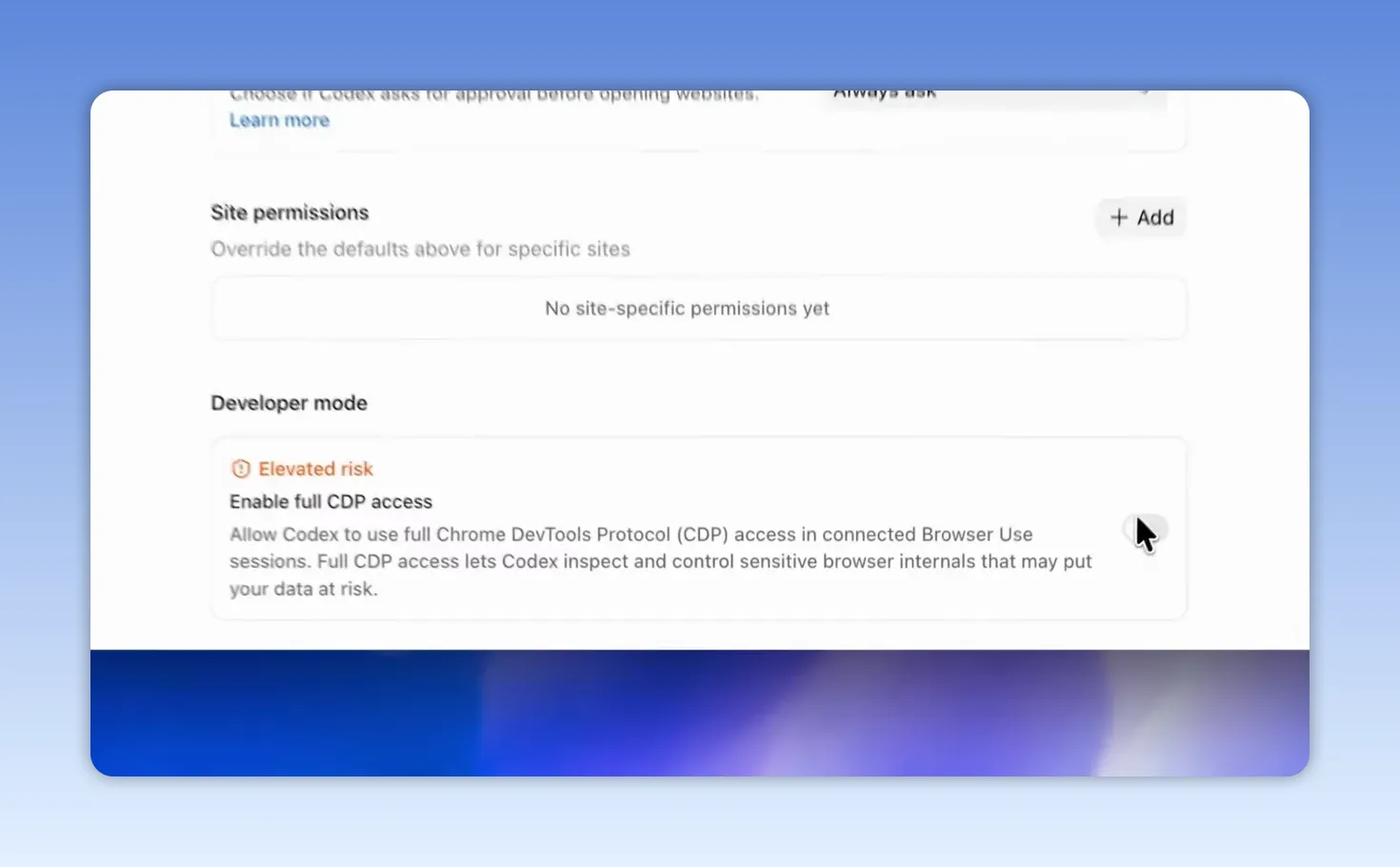 หน้า settings ของ Codex แสดงหัวข้อ developer mode และตัวเลือก enable CDP access
