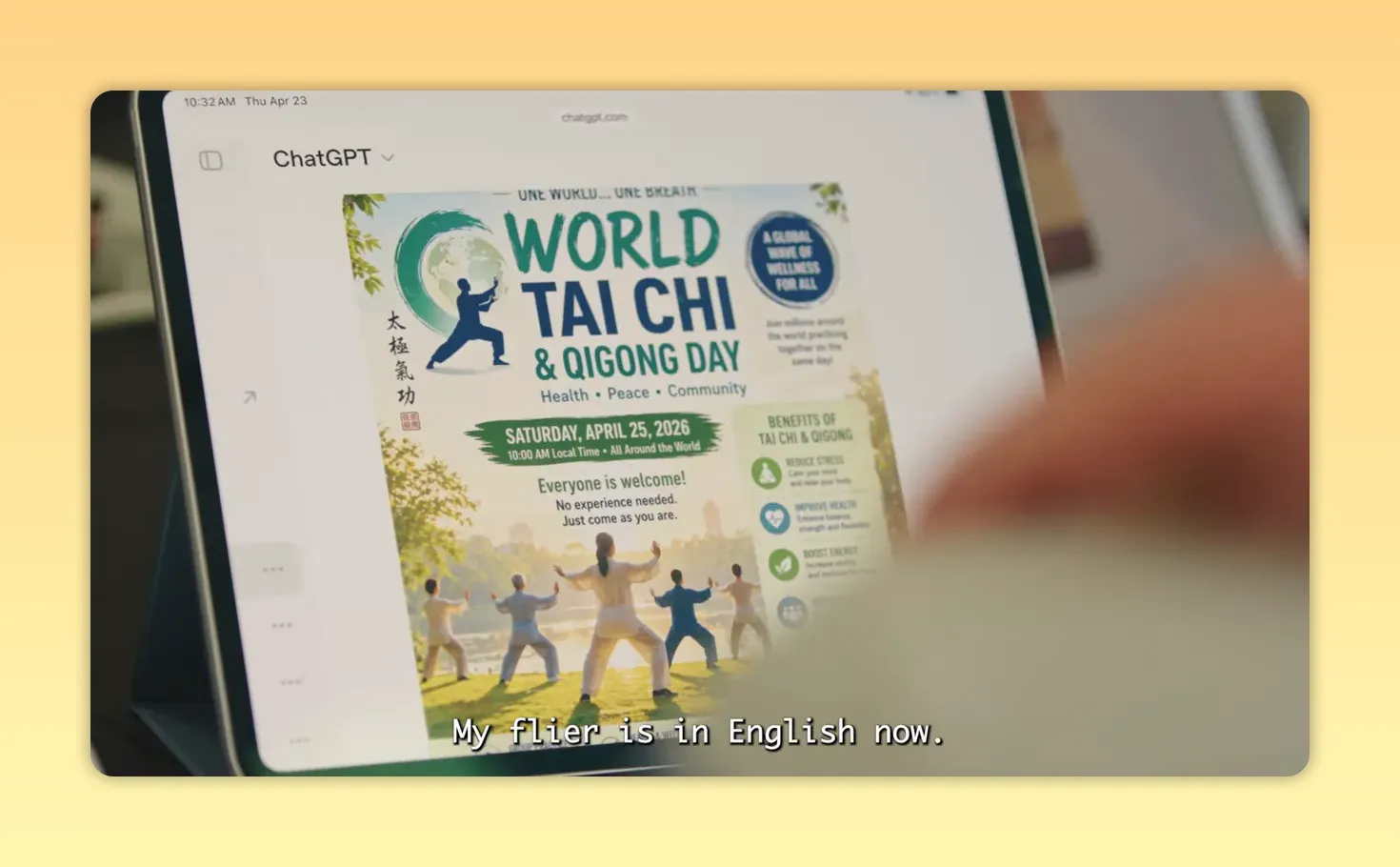 หน้าจอแท็บเล็ตแสดงโปสเตอร์ World Tai Chi and Qigong Day ที่สร้างขึ้น