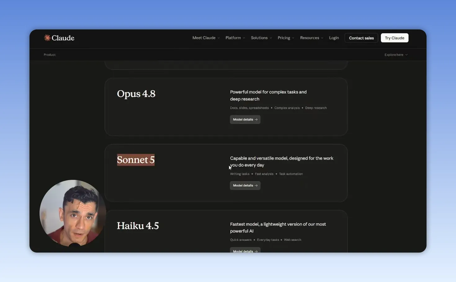 หน้า model list ที่คลิปแสดงมีป้าย Opus 4.8, Sonnet 5 และ Haiku 4.5