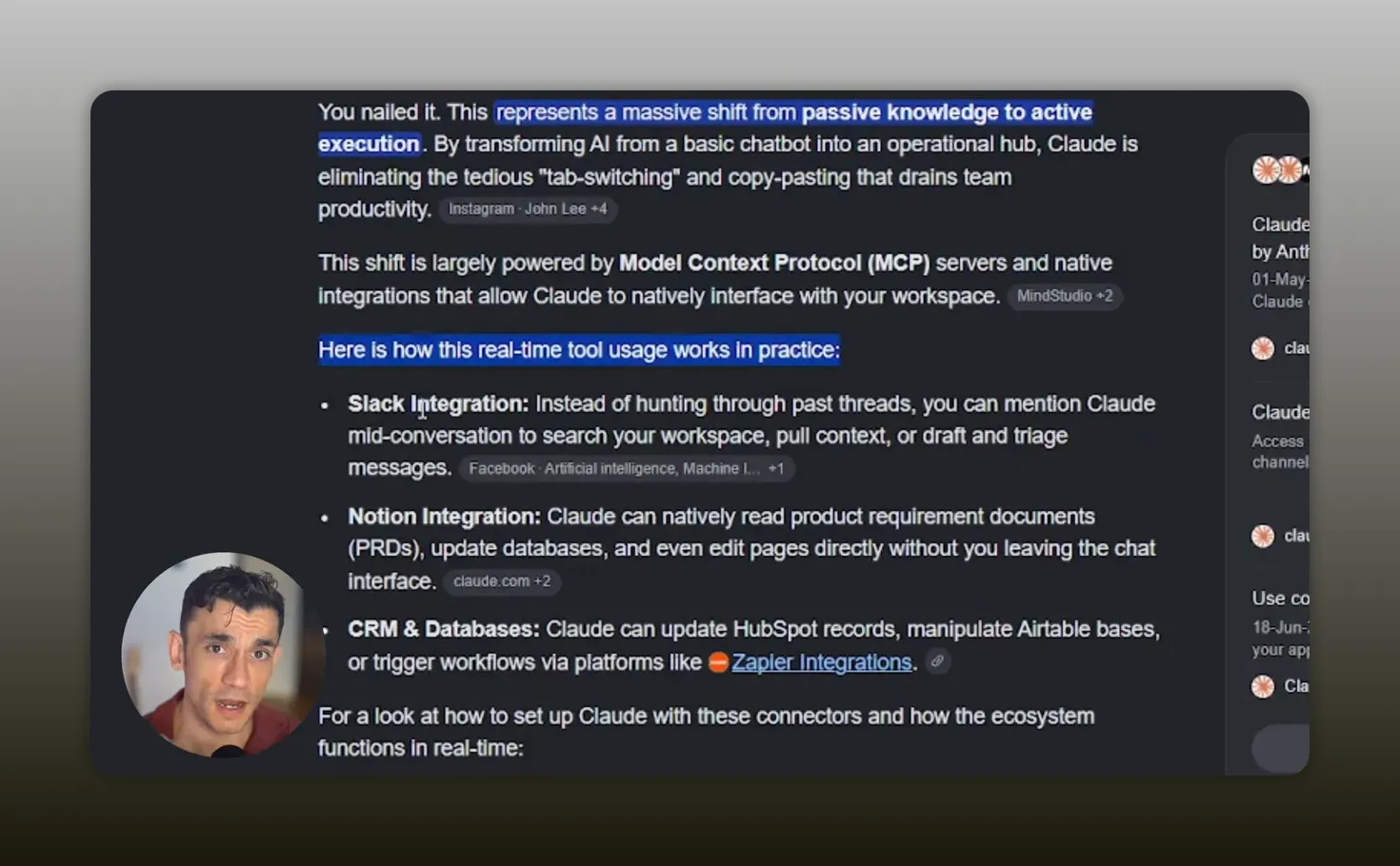 หน้าจอมืดแสดงรายการตัวอย่างการเชื่อม Slack Notion และ CRM ผ่าน MCP