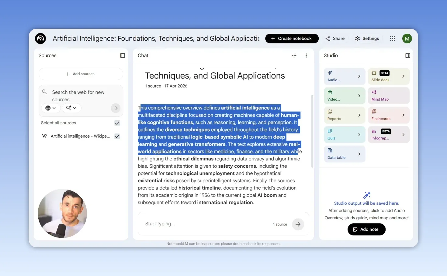 หน้าจอ NotebookLM แสดงข้อความสรุปที่ไฮไลต์ในส่วนของ Chat พร้อมแถบ Studio