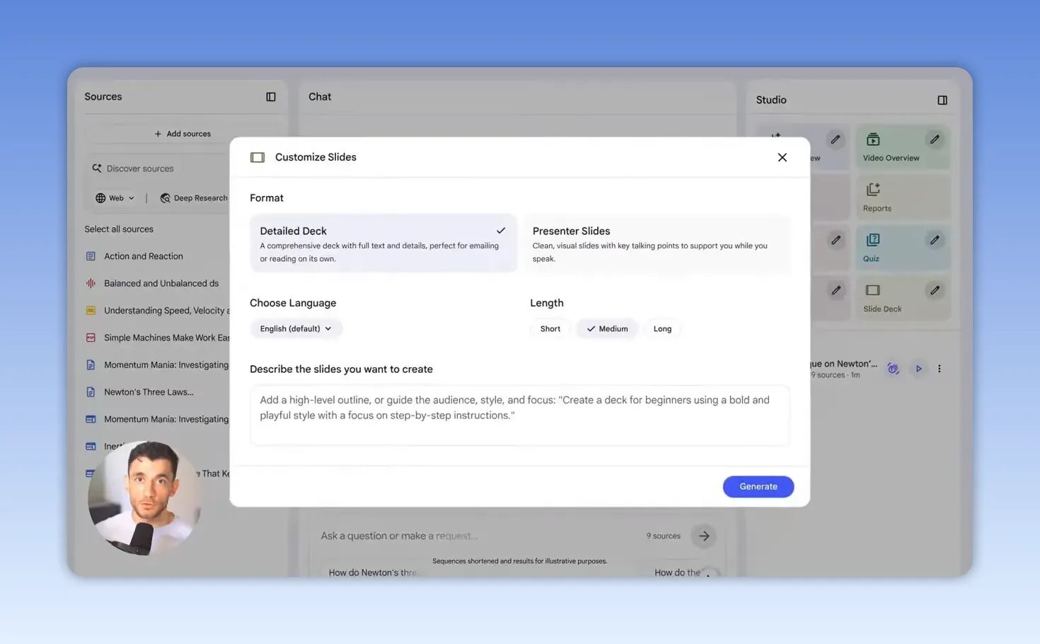 NotebookLM แสดงหน้าต่าง Customize Slides เพื่อเลือกฟอร์แมต สไตล์ภาษา และความยาวของสไลด์