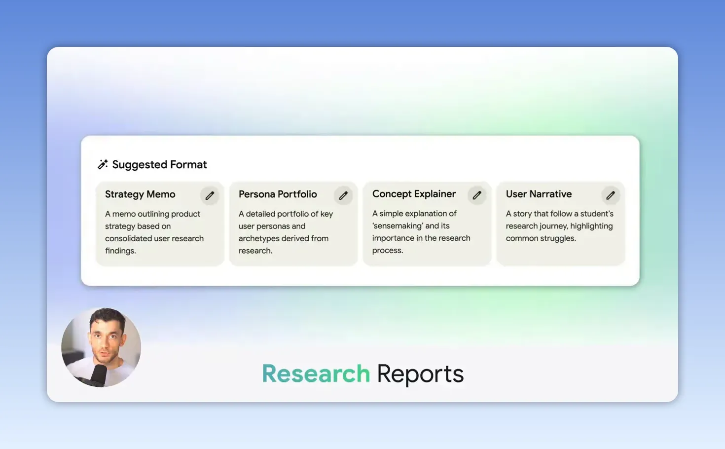 Suggested Format ประเภท Research Reports แสดง Strategy Memo, Persona Portfolio, Concept Explainer และ User Narrative