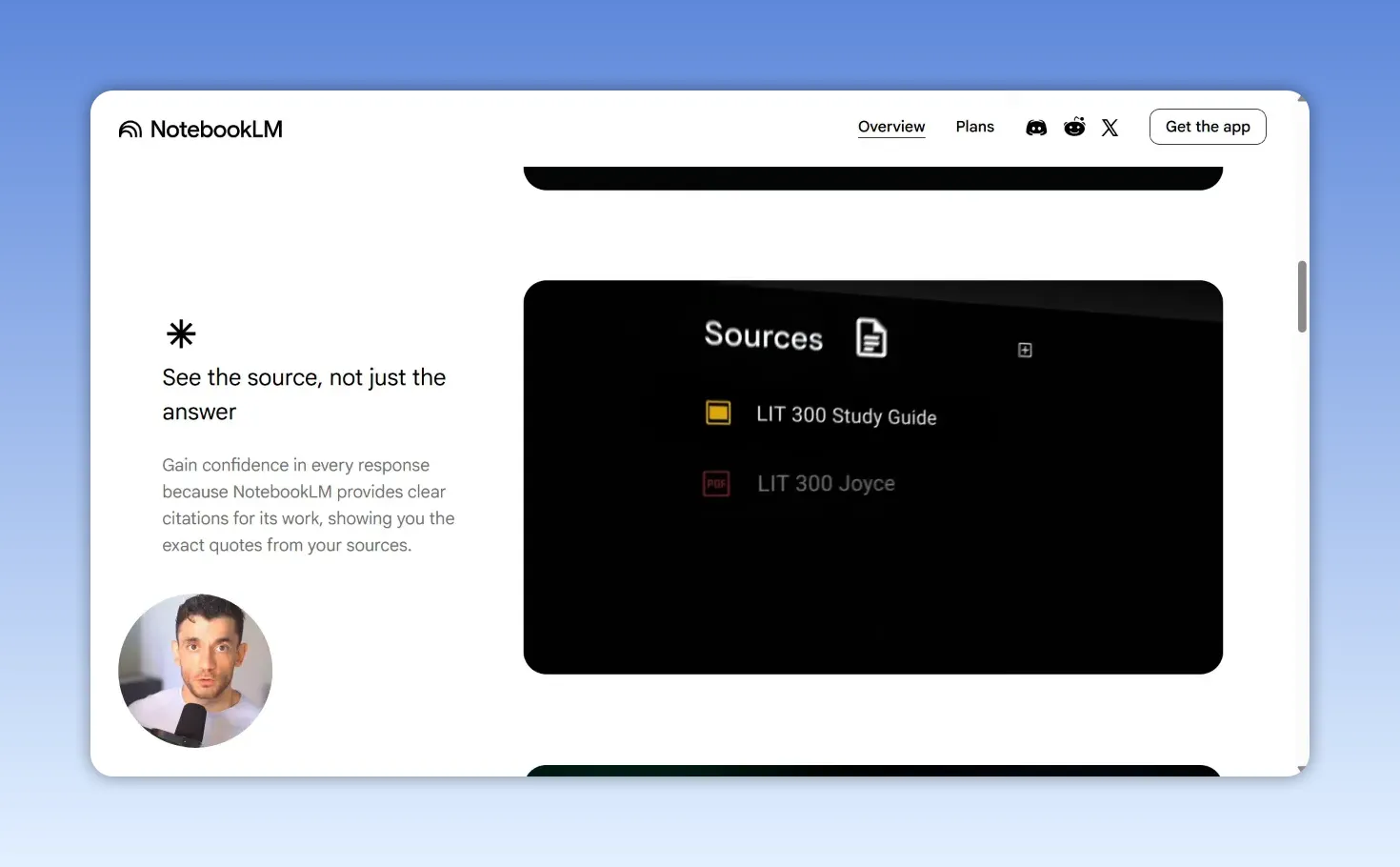 หน้าเว็บแนะนำ NotebookLM แสดงข้อความ See the source, not just the answer และภาพตัวอย่างรายการ Sources