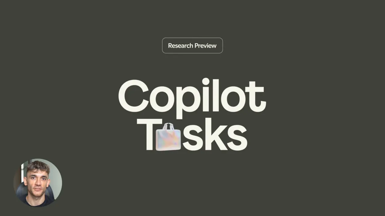 สไลด์หัวเรื่องขนาดใหญ่ 'Copilot Tasks' พร้อมป้ายเล็กว่า 'Research Preview' บนพื้นหลังสีเข้ม