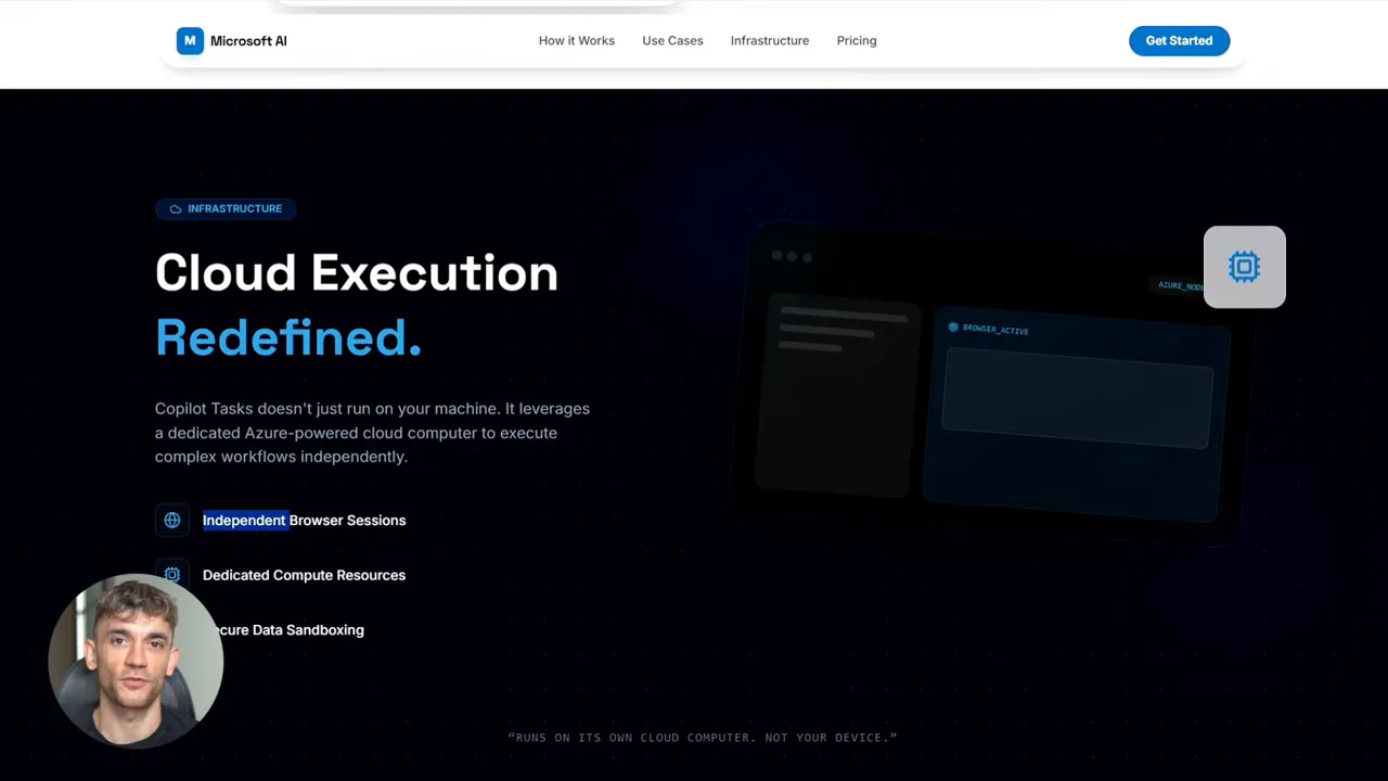 หน้าจอ Copilot Tasks ข้อความใหญ่ Cloud Execution Redefined พร้อมภาพประกอบและวงกลมผู้บรรยายทับมุมภาพ