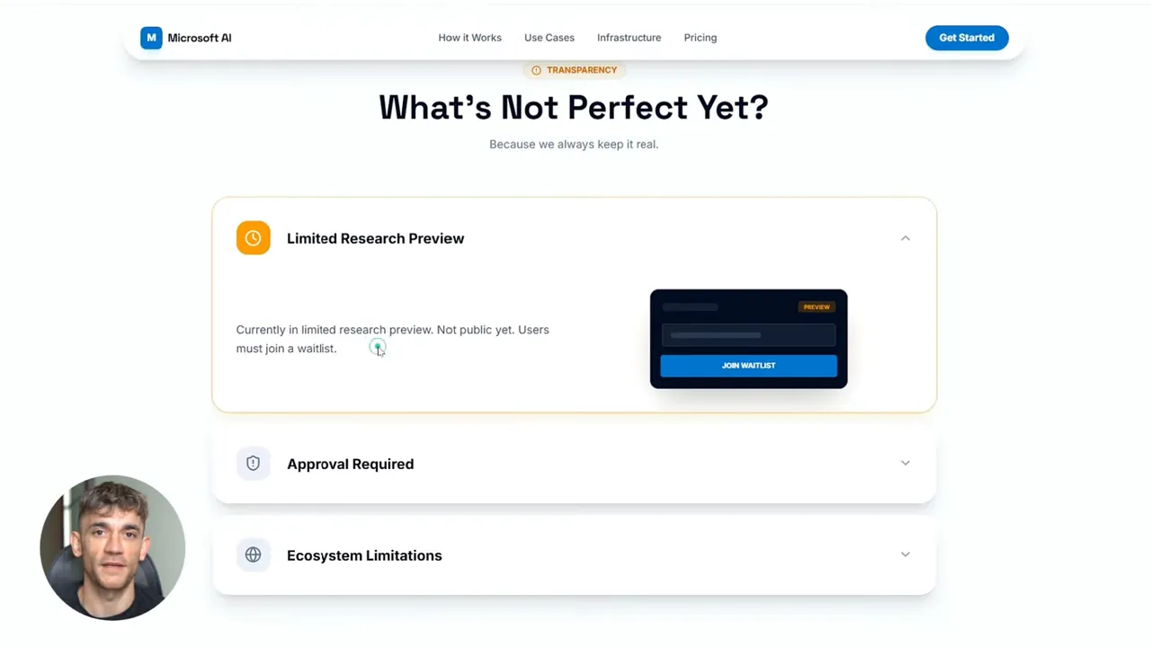 หน้าเว็บ 'What’s Not Perfect Yet?' ของ Microsoft Copilot เน้นการ์ด 'Limited Research Preview' ที่อธิบายสถานะ research preview และภาพประกอบ 'Join Waitlist'