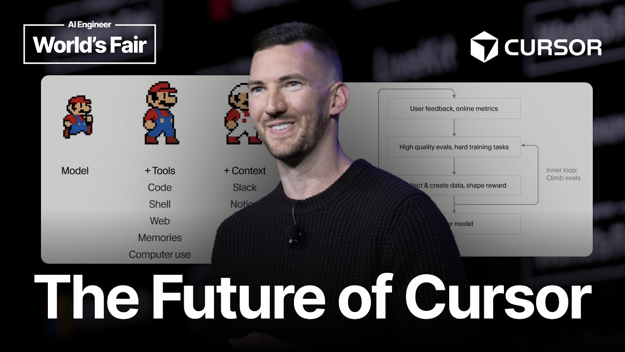 ภาพปก The Future of Cursor จาก AI Engineer พร้อมผู้บรรยายและแผนภาพวงจรโมเดล