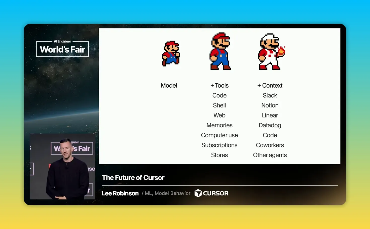 ภาพตัวละคร Mario สามระดับแสดง model เครื่องมือ และ context