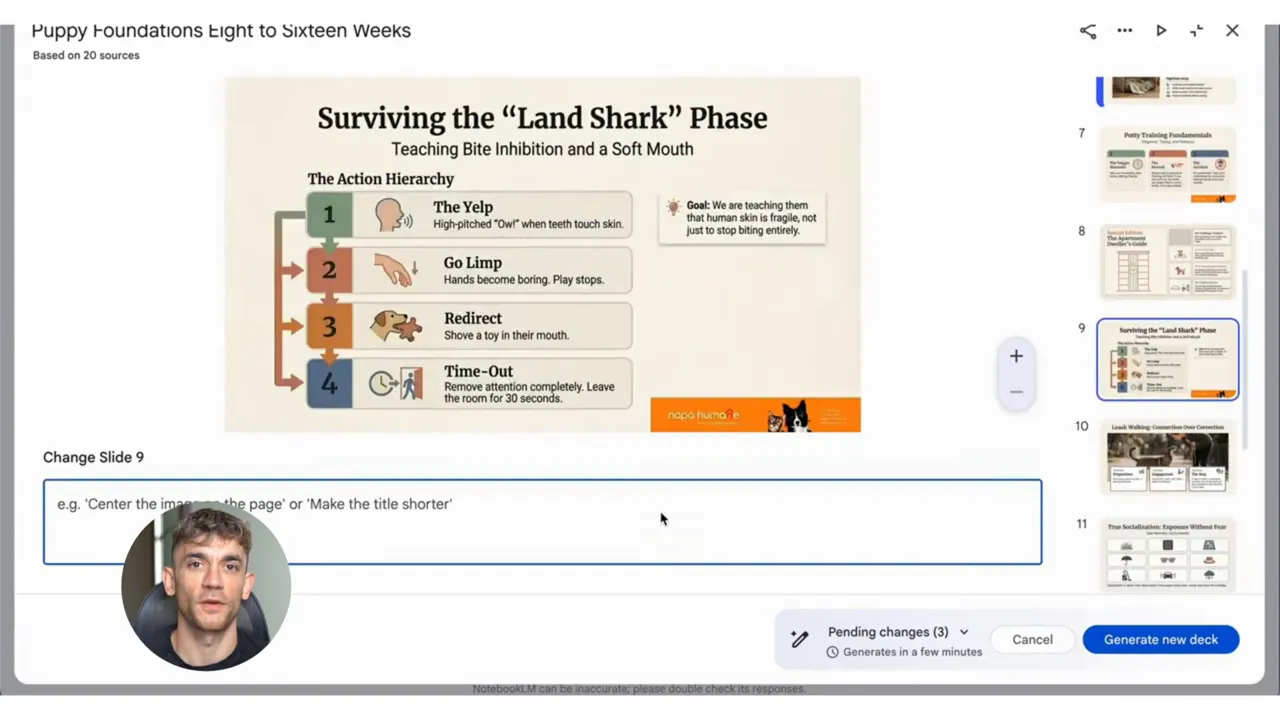 หน้าจอ NotebookLM แสดงสไลด์ตัวอย่าง แถบ thumbnail ทางขวา และกล่อง 'Change Slide' สำหรับพิมพ์คำสั่งแก้สไลด์