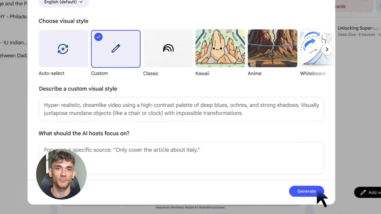 กล่องโต้ตอบ Customize Video Overview แสดงการเลือก Custom visual style ข้อความตัวอย่างสำหรับสไตล์ และปุ่ม Generate