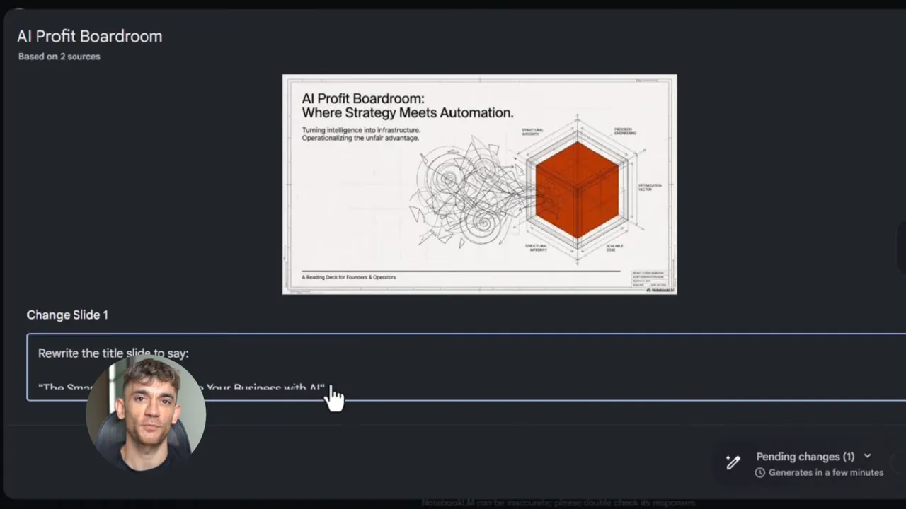 NotebookLM interface showing a title slide preview and a visible 'Change Slide' input box with typed prompt